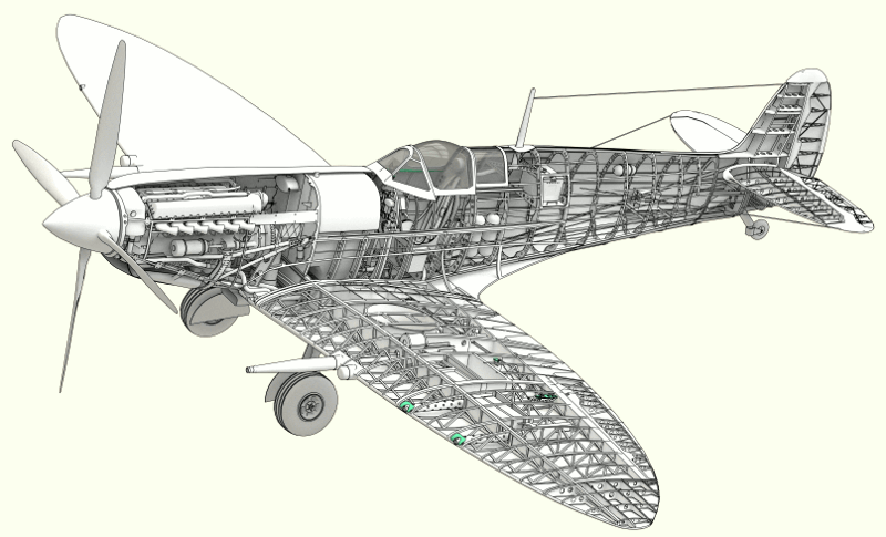 Spitfire Mk9 Cutaway line drawing.