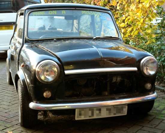 Austin Mini City as it was when we towed it onto the drive.